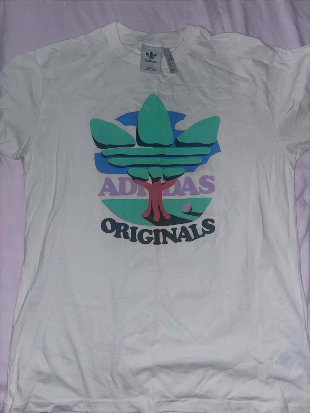 adidas White Short Sleeve Tee with Multicolor Trefoil Graphic